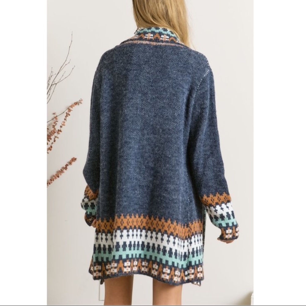 Tribal Native Print Open Front Oversized Navy Boho Cardigan - Picture 4 of 5